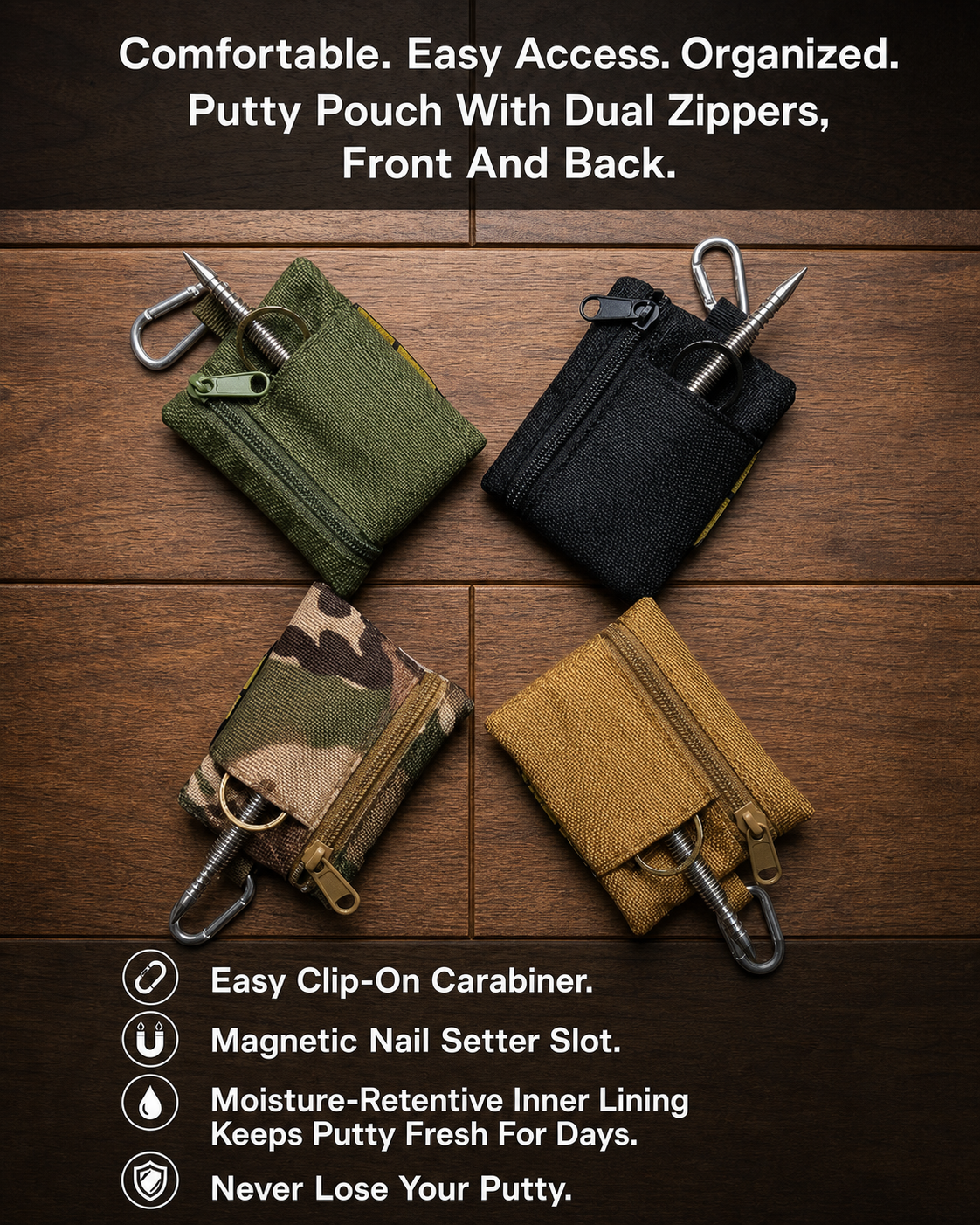 Putty Hawk pouch for putty and nail setter with magnetic holster